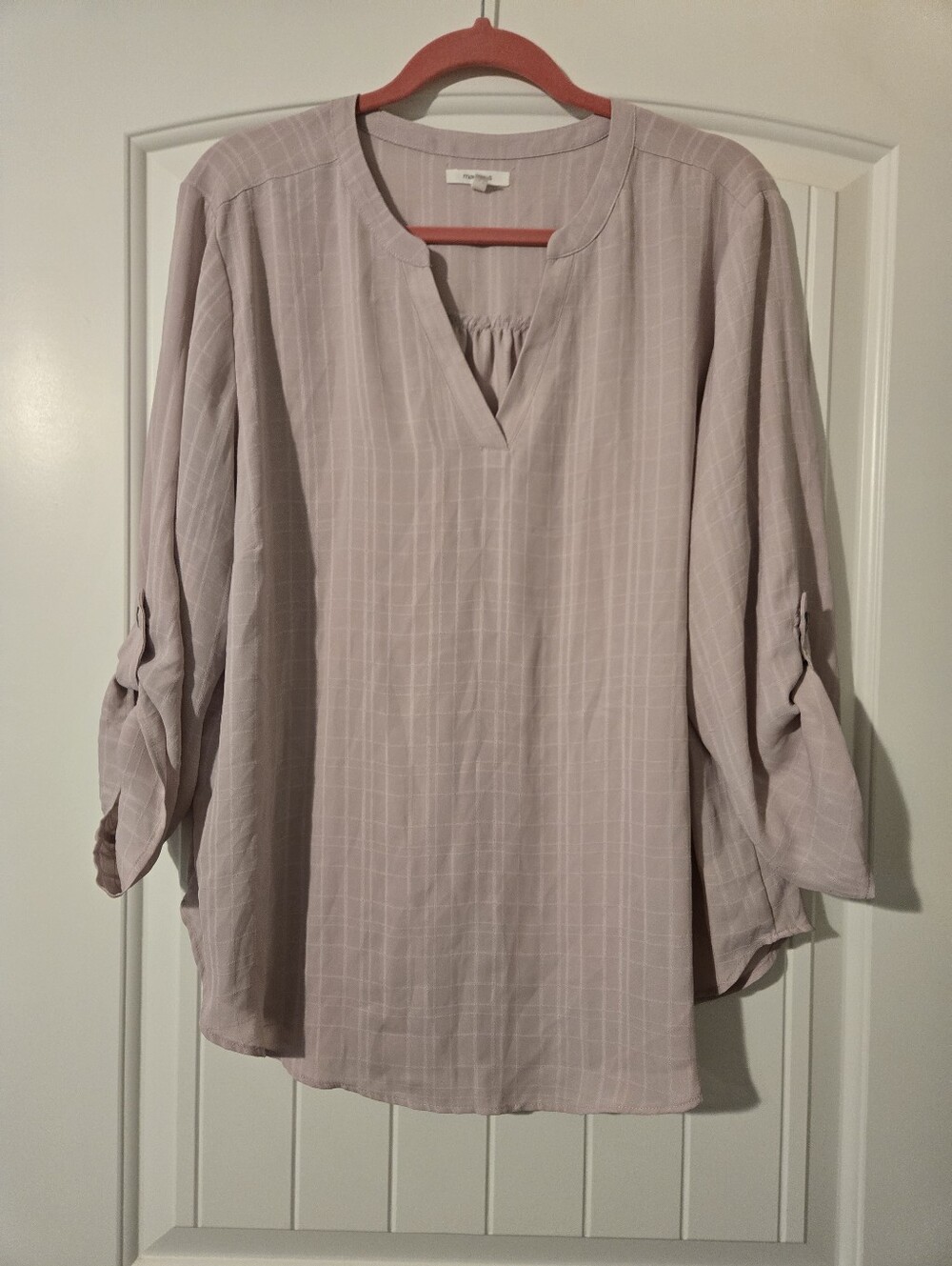 Maurices Light Mauve Check Tunic with Split V-Neck